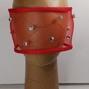 Red Mesh Fascinator Veil Mask with Rhinestones